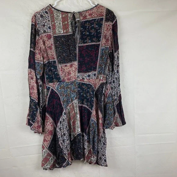 American Eagle Patchwork Mini Dress Sz S Boho Bell Slv Babydoll Festival Hippie - Picture 5 of 5